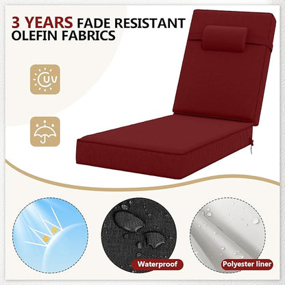 80 x 26 x 4 Inch Olefin Chaise Lounge Cushions, Lounge Chair Cushions with Headrest for Outdoor Furniture - Weather and Fade Resistant Patio Replacement Furniture Lounge Chair Cushion Set of 2