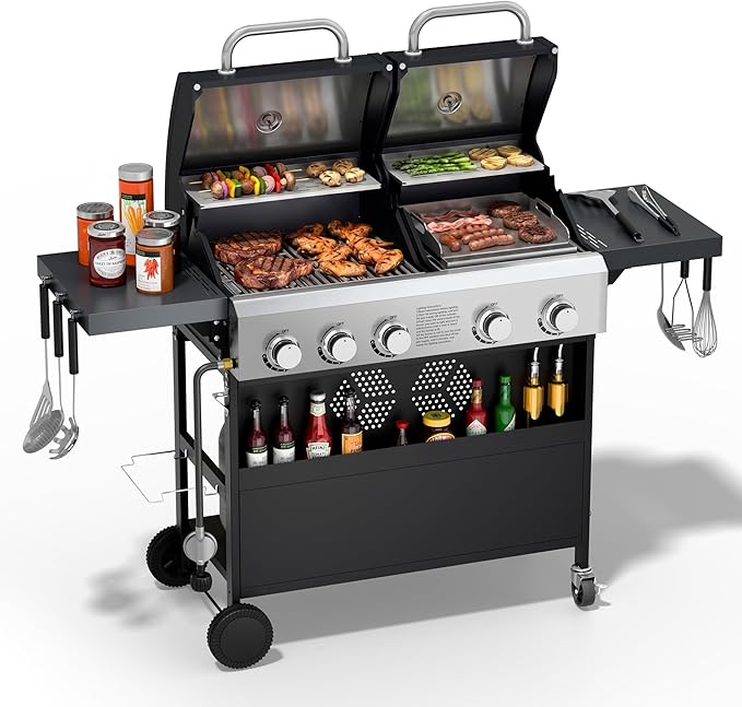 Propane Gas Grill and Griddle Combo for Outdoor Cooking, 5 Burners, Porcelain-Enameled Cast Iron Grate & Cast Iron Fry Pan, Foldable Side Shelves, Dual BBQ Grill for Patio, Backyard, Camping