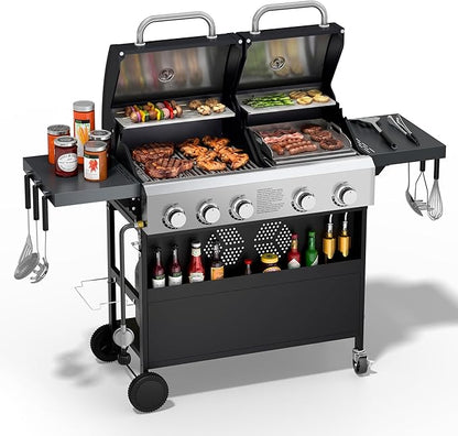 Propane Gas Grill and Griddle Combo for Outdoor Cooking, 5 Burners, Porcelain-Enameled Cast Iron Grate & Cast Iron Fry Pan, Foldable Side Shelves, Dual BBQ Grill for Patio, Backyard, Camping
