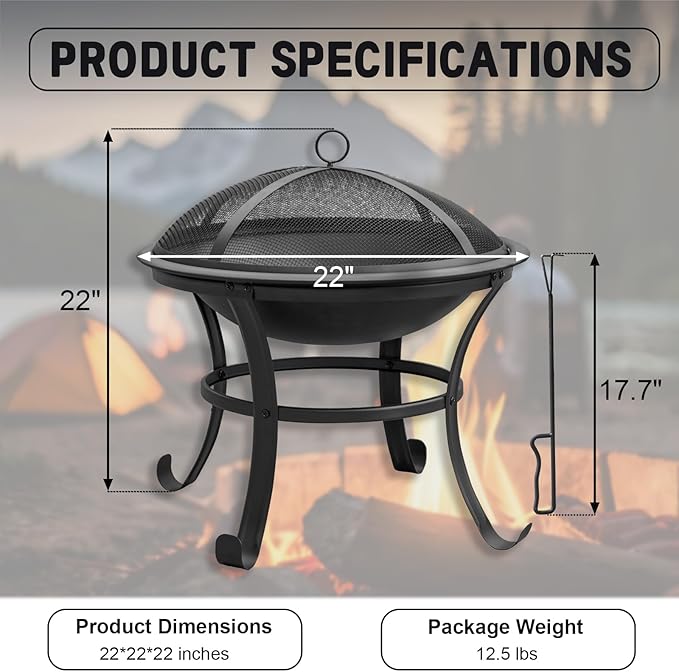 Panovue 22 in Firepit for Outside Outdoor Small Fire Pit,Durable Firepit with Mesh Lid,Log Grate,and Fire Poker,Fire Pit for Outside Backyard.Deck.Camping and Picnic