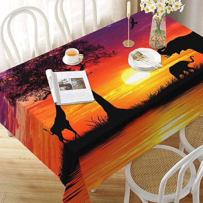 Decorative Rectangle Table Cloths Animal Safari Africa Elephant and Baby with Giraffe Tablecloth Table Cover for Dining/BBQ/Picnic/Coffee Table 52 X 70 Inches