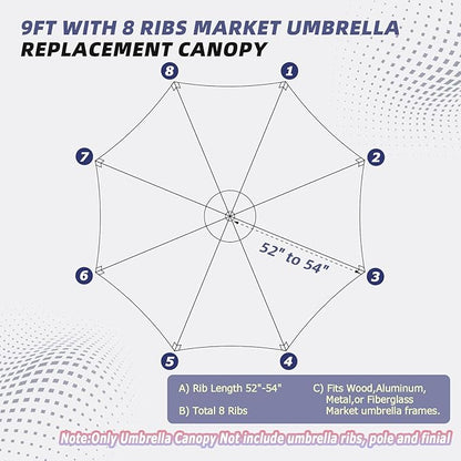 9ft Patio Umbrella Replacement Canopy,Outdoor Table Market Yard Umbrella Top Outdoor Umbrella Canopy with 8 Ribs