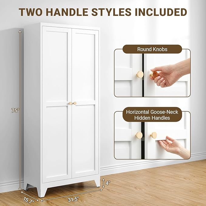 75" Tall Metal Kitchen Pantry Cabinet, Freestanding Steel Storage Cabinet with Doors, 5 Adjustable Shelves, for Dining Room, White
