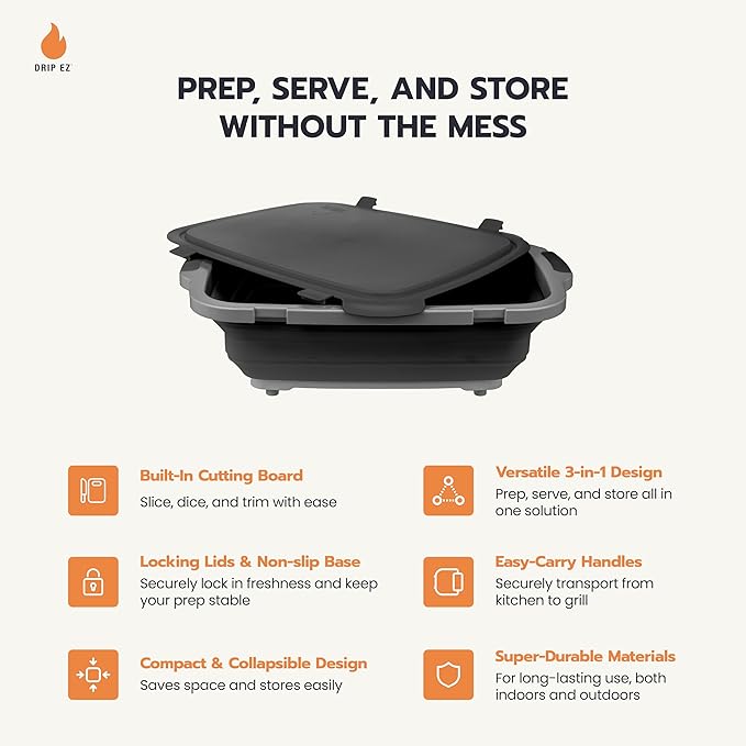 Drip EZ Collapsible BBQ Prep Tub - For Meal Prep Marinating Food Storage - Includes Cutting Board & Locking Lid - (1) OG - Green