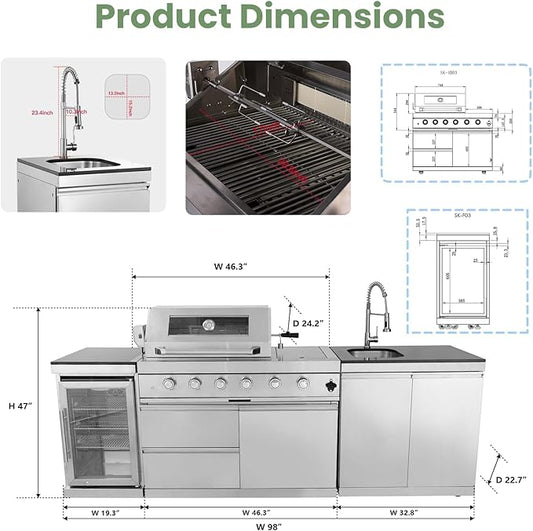 Outdoor Natural Gas Grill Island with Refrigerator, 4 Burner 72,000 BTU BBQ Grill with Side Burner, Infrared Rotisserie, Granite Countertop, Stainless Steel Outdoor Kitchen (Silver+98in)