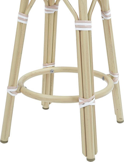 Seadrift Boho 30-inch Aluminum and All-Weather Wicker Barstools with Footrest, Patio Stools & Bar Chairs for Outdoor, Kitchen Counter, Poolside, Yard, Set of 2, White and Pink
