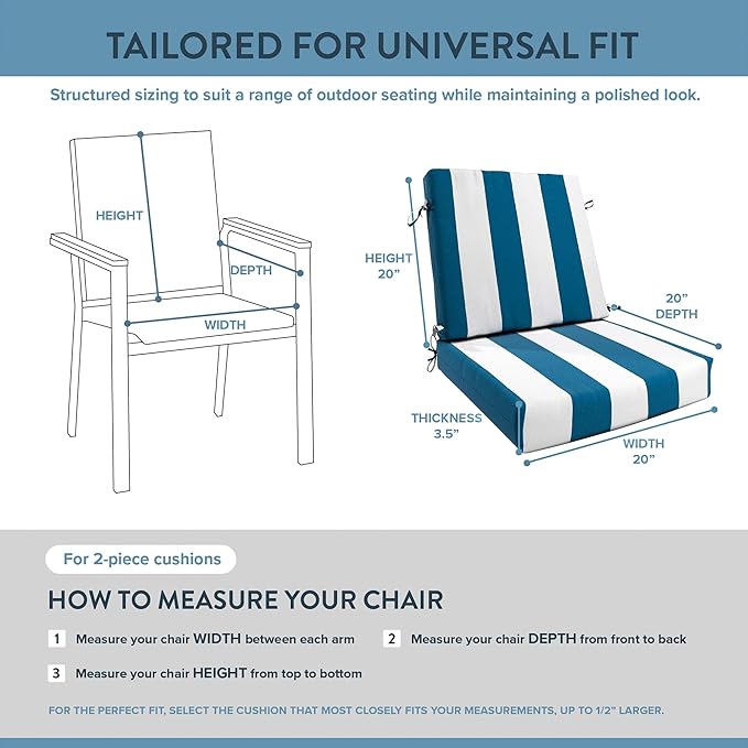 California Umbrella Outdoor Dining Chair, Patio Seat Cushion, 20 x 40 Inch, Premium Outdoor Memory Foam, Fade Resistant Sunbrella Fabric, Fabric Ties,Cabana Regatta