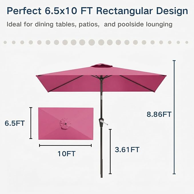 6.5' x 10' Rectangular Patio Umbrella Large Outdoor Market Umbrella w/UV Protection, Push Button Tilt and Crank Lift, Rectangle Table Umbrella for Garden, Deck, Pool, Patio, Rose Pink