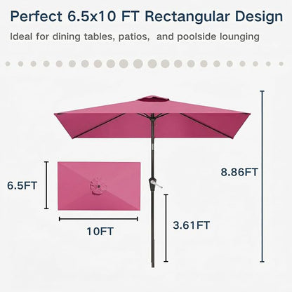 6.5' x 10' Rectangular Patio Umbrella Large Outdoor Market Umbrella w/UV Protection, Push Button Tilt and Crank Lift, Rectangle Table Umbrella for Garden, Deck, Pool, Patio, Rose Pink