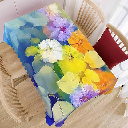 Tablecloth Abstract Floral 52 X 70 Inch, Watercolor Flowers Blur Blue Yellow Oblong Table Cloths Anti-Shrink Decorative Table Cover for Kitchen Dinning Tabletop Outdoor Picnic BBQ