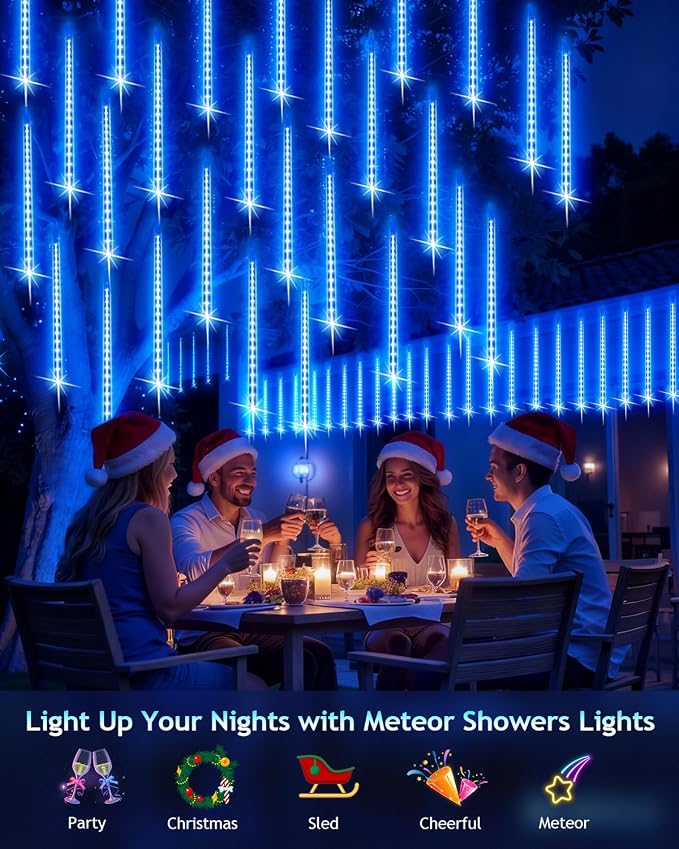 PEMOTech Christmas Lights Outdoor,24 Tubes 30cm 576 Led Meteor Shower Lights, Waterproof Christmas Decorations Icicle Light for Xmas Tree Halloween Party, Outdoor Christmas Decorations,Ul Plug,Blue