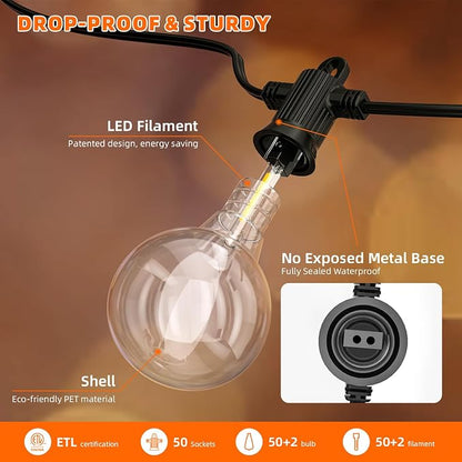 Kawaya G40 Outdoor String Lights 100FT IP65 Waterproof 2700K Patio Light | IP65 50+2 Shatterproof Edison Globe Blubs, 2700K Warm White for Garden Porch Fence Camping Party Backyard Deck Bistro Balcony