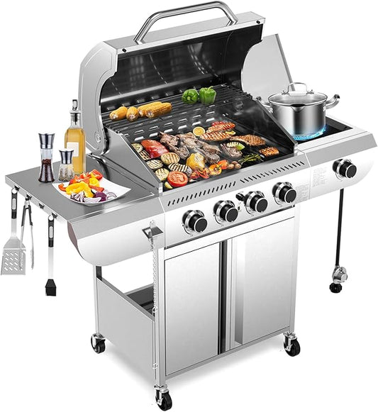 R.W.FLAME 4-Burner Propane Gas Grill with Side Burner, Stainless Steel Propane Grill 42000BTU for Outdoor Cooking, with Porcelain-Enameled Cast Iron Grates, Baking Pan, Silver