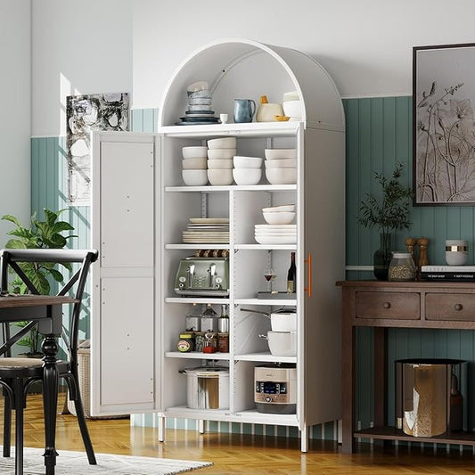 72.8" White Metal Arched Pantry Cabinet for Kitchen Storage, Tall 2-Door Cupboard with 6 Adjustable Shelves, Magnetic Closure & Anti-Tip Kit, 15.4" D x 30.7" W, Assembly Required
