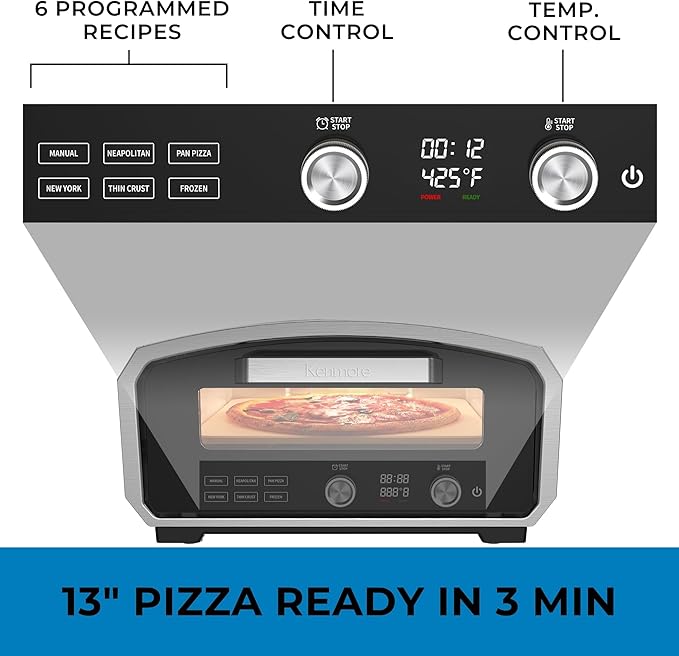 Kenmore Outdoor Indoor Electric Pizza Oven - Makes 13 inch Wood Fired Style Pizza At 850F High Heat, Weather Resistant, 5 Presets, Pizza Stone & Peel, Stainless Steel Horno Electrico
