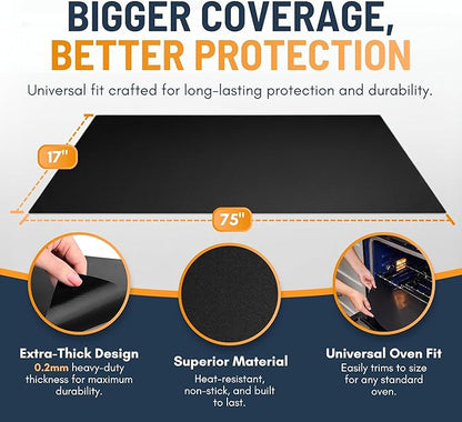 Oven Liners for Bottom of Oven - Large Heavy Duty Mats, 17” x 75” Non-Stick Reusable Liner for Electric, Gas, Toasters, Grills - BPA & PFOA Free Kitchen Accessory to Keep It Clean (Black)