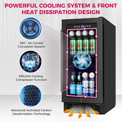 15 Inch Beverage Cooler Refrigerator, 15" Beverage Cooler Under Counter 130 Cans Beverage Fridge with Glass Door, Freestanding or Built-In Mini Drinks Fridge with Lock for Soda, Beer, Black