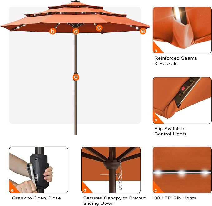 EliteShade USA 10-Year-Non-Fading 10ft 3-Tier Market Patio Umbrella, Commercial Table Umbrella with 80 Solar LED Lights, Crank Open, Windproof & UPF 50+ UV Protection for Garden, Deck, Pool, Backyard, No Tilt, Rust