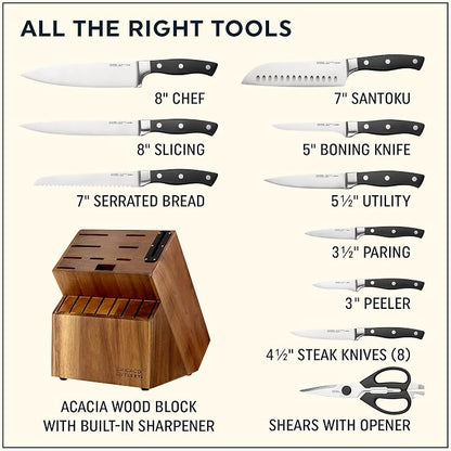 Chicago Cutlery Insignia Triple Rivet Poly (18-PC) Kitchen Knife Block Set With Wooden Block & Built-In Sharpener, Black Ergonomic Handles and Sharp Stainless Steel Professional Chef Knife Set | Black Ergonomic Handles and Sharp Stainless Steel