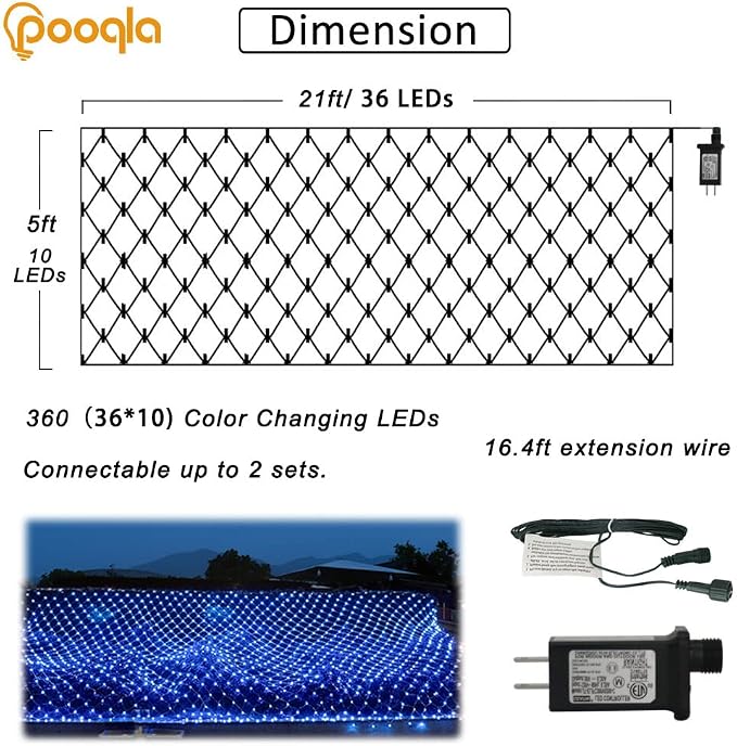 Pooqla Blue Net Lights, 21x 5ft Christmas Bush Lights Outdoor Green Wire | 360 LED Large Net Mesh Lights Plug in, 8 Modes Waterproof Connectable Bushes Lights for Halloween Hedge Yard Decor