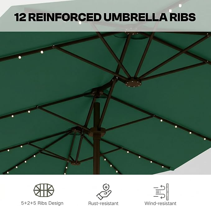 15ft Large Patio Umbrella with Solar Lights and Base, Double-Sided Outdoor Rectangle Umbrella with 48 LED Lights, Market Table Umbrellas with UV Resistant Canopy