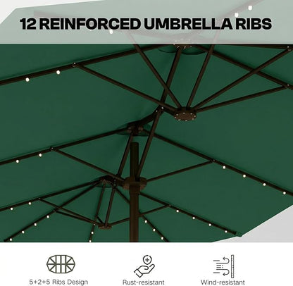 15ft Large Patio Umbrella with Solar Lights and Base, Double-Sided Outdoor Rectangle Umbrella with 48 LED Lights, Market Table Umbrellas with UV Resistant Canopy