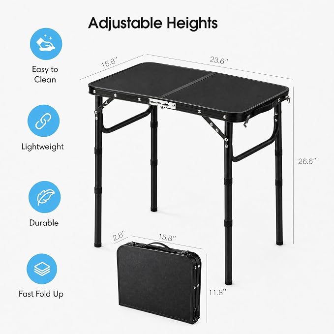 YUFIFAIRY Small Folding Table Portable, 24''L x16''W Foldable Camp Table | Lightweight Aluminum Frame, 3 Adjustable Height 10"/19"/27.5", For Indoor, Outdoor, Cooking, Picnic, All Black Table