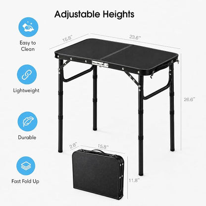 YUFIFAIRY Small Folding Table Portable, 24''L x16''W Foldable Camp Table | Lightweight Aluminum Frame, 3 Adjustable Height 10"/19"/27.5", For Indoor, Outdoor, Cooking, Picnic, All Black Table