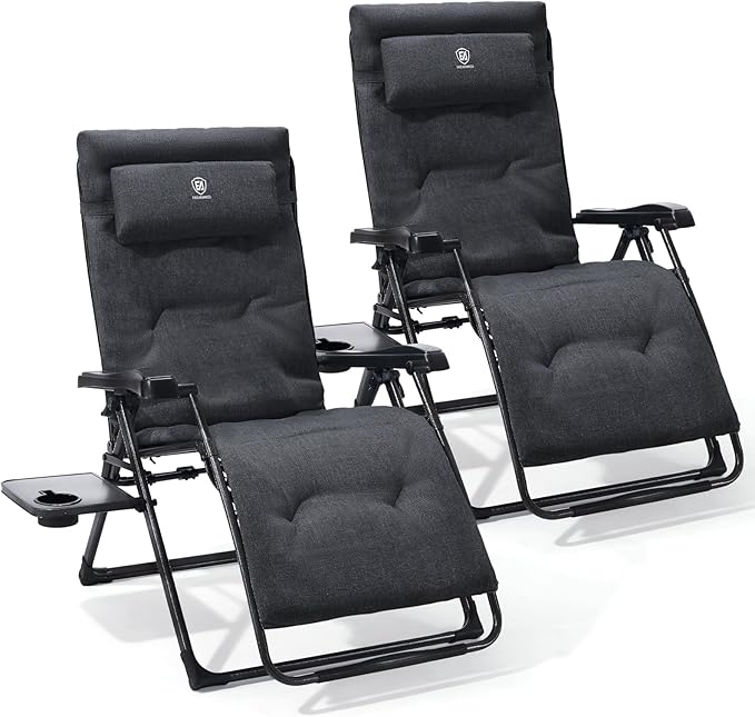 EVER ADVANCED Aluminum Zero Gravity Chair Oversized, Thick Padded Reclining Lounge Chair with Adjustable Headrest & Side Table, Heavy Duty Support 350 lbs, Foldable for Outdoor & Indoor, Black-2 Pack