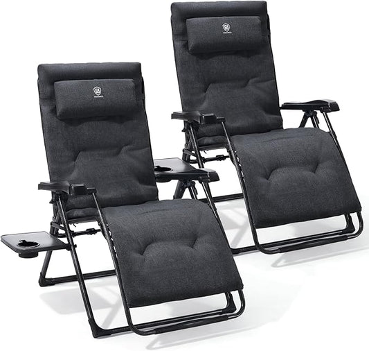 EVER ADVANCED Aluminum Zero Gravity Chair Oversized, Thick Padded Reclining Lounge Chair with Adjustable Headrest & Side Table, Heavy Duty Support 350 lbs, Foldable for Outdoor & Indoor, Black-2 Pack