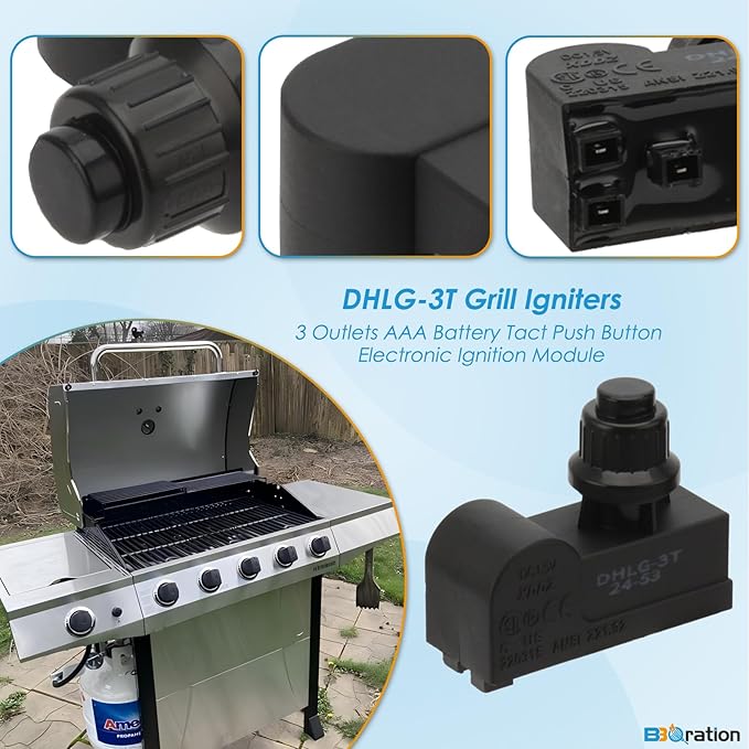 DHLG-3T Grill Igniters for Charbroil Performance Grill, 3 Outlets AAA Battery Tact Push Button Electronic Ignition Module, Grill Ignitor Replacement for Charbroil Grill Igniter Replacement