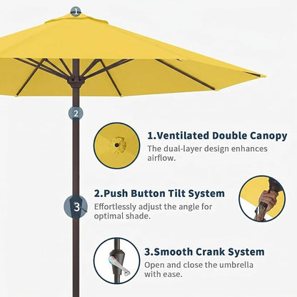 9FT Patio Umbrella Outdoor Table Umbrella w/Push Button Tilt and Crank, 8 Sturdy Ribs, UV Resistant Waterproof Market Umbrella for Pool, Deck, Backyard, Garden, Sunshine Yellow