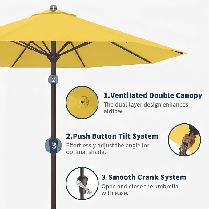 10FT Patio Umbrella Outdoor Market Umbrella with Crank and Tilt, 8 Flexible Fiberglass Ribs, UV-Resistant Waterproof Canopy for Patio, Deck, Garden, Backyard, Sunshine Yellow
