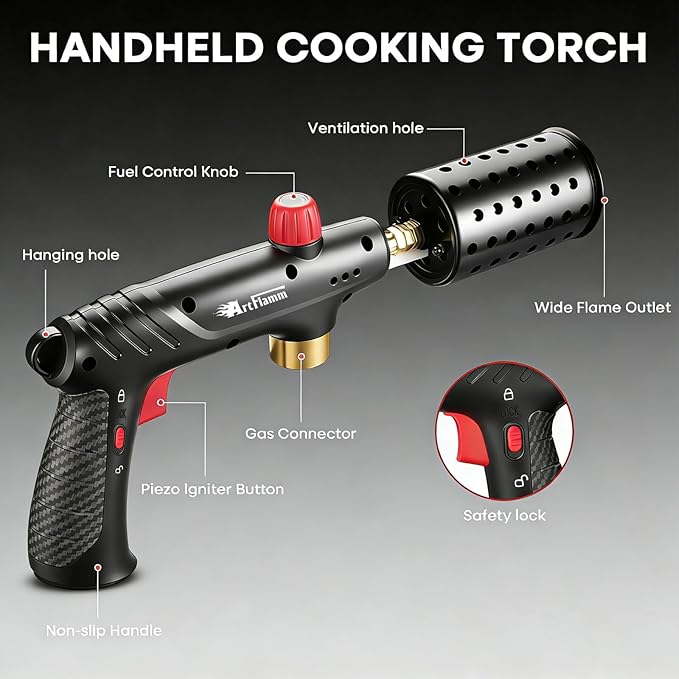 ARTFLAMM Propane Torch with Safety Lock, Powerful Cooking Blow Torch Gun for Grill, BBQ, Sous Vide & Charcoal– Adjustable Flame Cooling Vents Design (Tank Not Included)