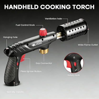 ARTFLAMM Propane Torch with Safety Lock, Powerful Cooking Blow Torch Gun for Grill, BBQ, Sous Vide & Charcoal– Adjustable Flame Cooling Vents Design (Tank Not Included)