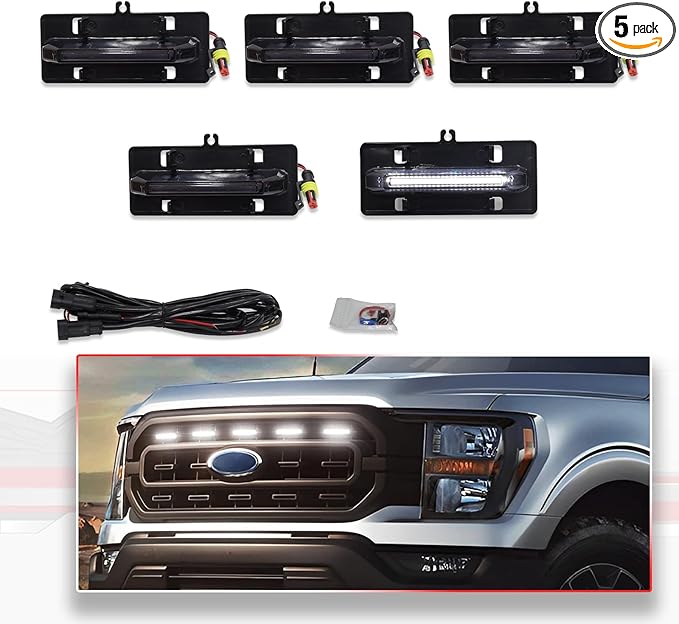 ‎MODIPIM 5PCS White LED Front Grille Lights for Ford F150 XL/XLT/XLT Sporting 2021-2023 Front Grill Smoked Lens Running Light Kit with Wiring Harness