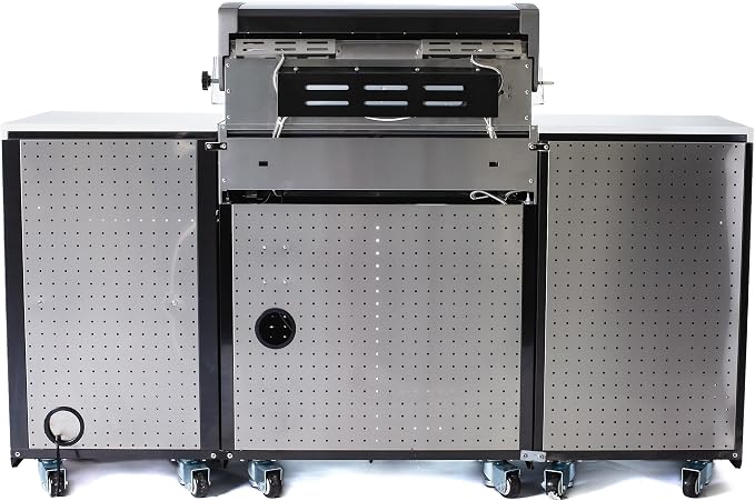 Mont Alpi Premium 70"W x 24"D Black Stainless Steel Compact Outdoor Kitchen Island with Refrigerator + 32"W 4-Burner BBQ Grill with Infrared Rotisserie Burner + Storage Cabinets + Granite Countertops