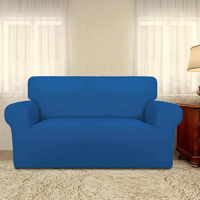 PureFit Stretch Loveseat Covers Fleece Couch Covers for Sofa Classic Blue | 1-Piece Sofa Slipcover Soft Couch Protector, Sofa Cover Washable with Non Skid Foam and Elastic Bottom for Kids, Dogs