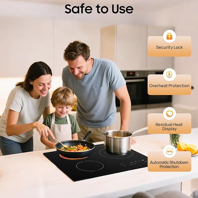 24 Inch Electric Stove, 3 Burners 2600W 110V Portable Ceramic Cooktop, Kitchen Counter Top Stove with Sensor Touch Control, 9 Heating Level, (No Plug)