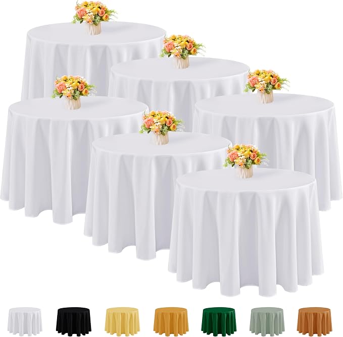 Fitable 6 Pack White Round Tablecloths - 120 Inches in Diameter | Wrinkle & Stain Resistant, Washable Polyester Fabric Cloth Cover, For Wedding, Party, Banquet, Formal Events