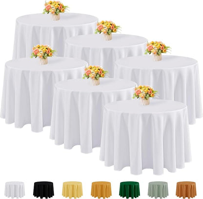 Fitable 6 Pack White Round Tablecloths - 120 Inches in Diameter | Wrinkle & Stain Resistant, Washable Polyester Fabric Cloth Cover, For Wedding, Party, Banquet, Formal Events