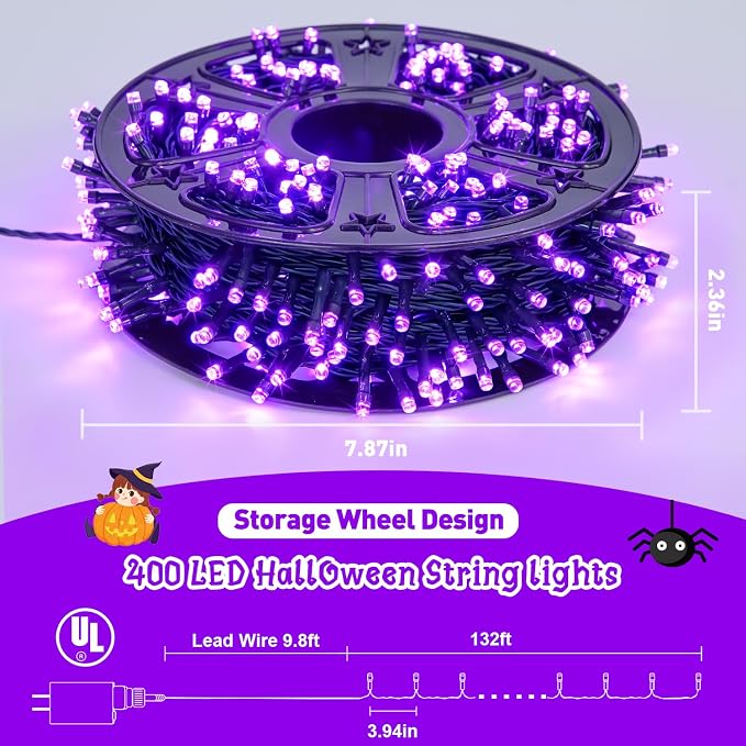 JMEXSUSS 400 LED Purple Halloween Lights Outdoor Plug in | 132ft Halloween String Lights with Remote, Green Wire Purple Christmas Lights for Christmas Halloween Decorations