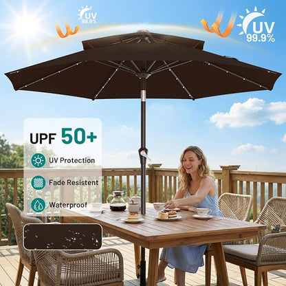 AreShark 9ft 3 Tiers Patio Umbrella with Solar Lights, Outdoor Umbrella w/ 32 LED Lights&8 Sturdy Ribs, Table Umbrella for Deck, Backyard, Pool (Dark Brown)