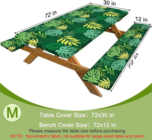 Picnic Table Cover with Bench Covers Windproof Waterproof Picnic Table Covers Camping Tablecloth with Self-Storage Bag, 72in, Green