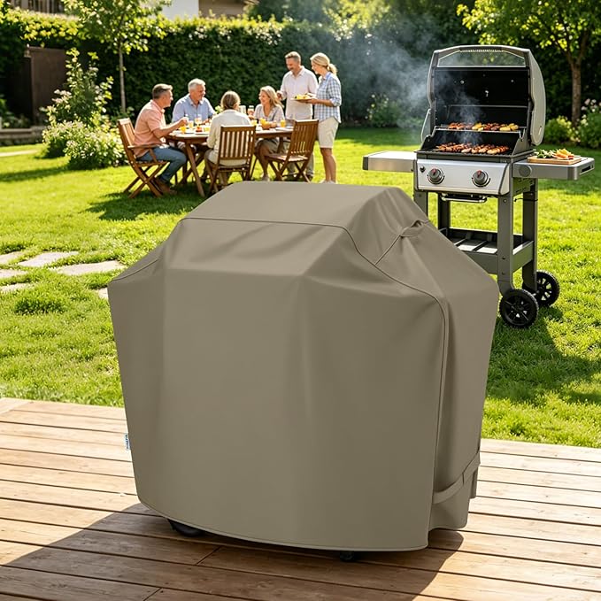 SunPatio Grill Cover 48 Inch for Outdoor Grill, Heavy Duty BBQ Cover with Waterproof Sealed Seam, FadeStop Material, All Weather Resistant Compatible for Weber CharBroil Nexgrill and More, Taupe