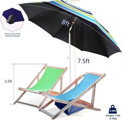 Fisqueen 8FT Large Beach Umbrella with Wind Resistance Sand Anchor Sand Bag, Portable Outdoor Umbrella with UPF50+ UV Protection, Tilt Sun Shelter for Beach, Patio, Yard