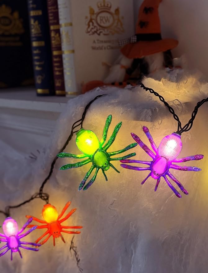 Halloween Spider String Lights Outdoor, 8.5Ft Halloween Decorations Lights with 10 LED Orange Green Purple Spider Lights, Hanging Multicolor Spider Light for Indoor Window Patio Curtain Holiday Decor