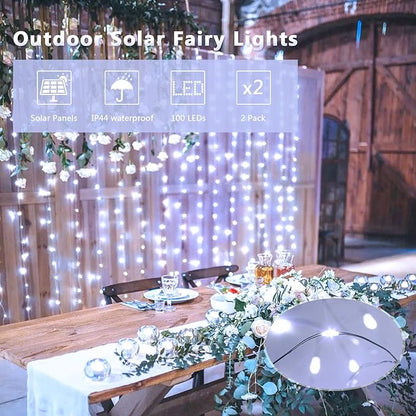 JMEXSUSS 2 Pack Solar String Lights Outdoor Waterproof, Each 33FT 100 LED Solar Fairy Lights Outdoor, 8 Modes White Christmas Light for Outside Garden Tree Patio Yard Wedding Christmas Decorations