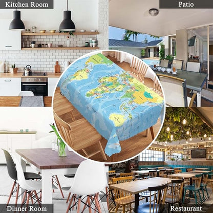 Swono World Map 52"X70" Oblong Table Cloth Earth World Map with Countries Oceans Lakes Wrinkle Free Table Cover Farmhouse Tablecloth for Home Restaurant Picnic Indoor Outdoor Dining
