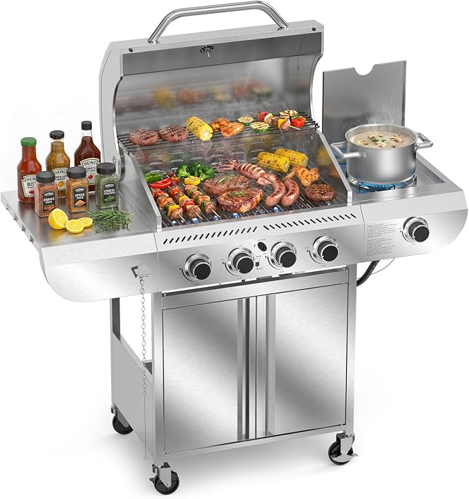 Electactic Stainless Steel 4-Burner Gas Grill with Side Burner – 42000BTU Propane BBQ Grill with Thermometer, Heavy-Duty Grill for Outdoor Patio and Backyard Cooking